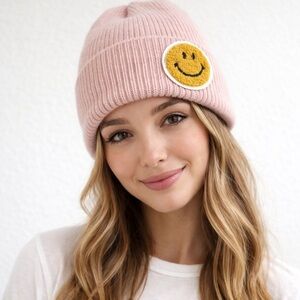 Smiley Face Beanie Hats Light Pink NEW